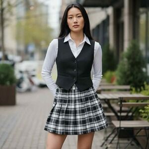 Women's Rue21‎ Y2K Black and White Plaid Pleated Mini Skirt Size Large